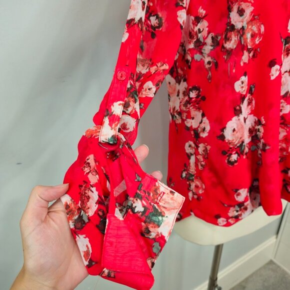 Kut From The Kloth Roll Tab Floral Red V-Neck Pink Blouse Shirt Sheer Top Small - Picture 5 of 11